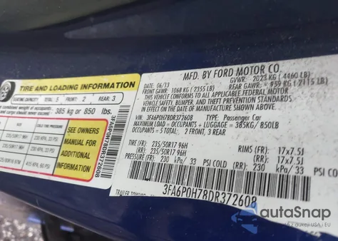 2013 Ford Fusion Se z USA, uszkodzony, nr VIN 3FA6P0H78DR372608
